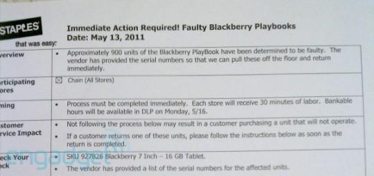 blackberry playbook rappel 540x254 RIM rappelle près de 1000 PlayBook