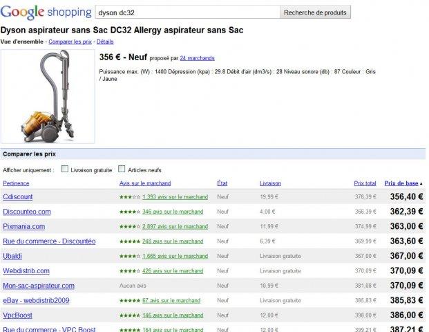Comparaison des prix du Dyson DC32 en France via Google