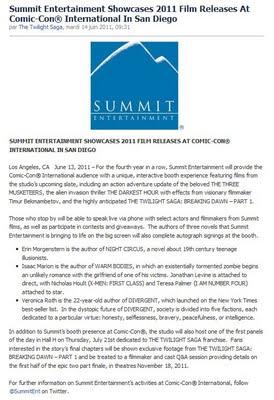 Summit annonce un extrait de Breaking Dawn pour le Comic Con