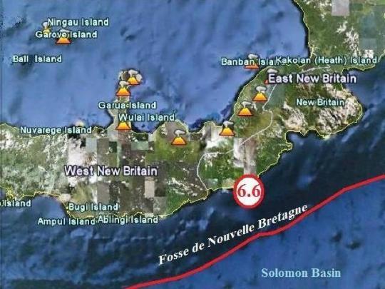 Violent séisme sous marin, de magnitude 6.6, près des côtes Sud de l'Île de Nouvelle Bretagne.