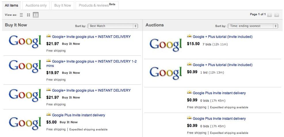 google plus ebay Google+ : des invitations à la pelle... sur eBay