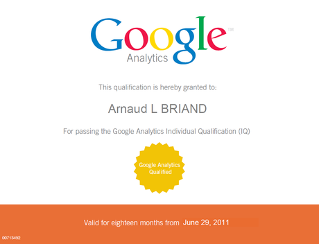 Certificat Google Analytics Arnaud Briand