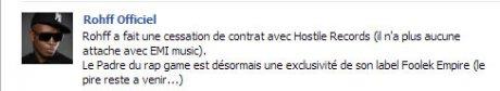 Entre Rohff et Hostile Records/EMI, c'est fini !