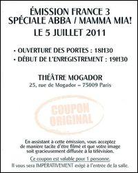 Si vous souhaitez une immersion dans les années 70 et assister au tournage d'une émission spéciale Abba, c'est possible ! C'est mardi, au théatre Mogador, c'est gratuit. Beaucoup d'artistes seront sur scène pour interpréter des chansons d'Abba. C'est pour France 3, c'est présenté par Laurent Boyer, ce sera diffusé en septembre, et la troupe de Mamma Mia fera 3 numéros. Ce sera l'occasion aussi de découvrir les deux têtes d'affiche de Cabaret : Claire Pérot et Emmanuel Moire ! Pour assister à cette émission, il suffit de retirer une invitation à Mogador : L'enregistrement de l'émission sera ouvert au public, et aura lieu le 5 juillet à entre 19h30 et 23h (ouverture des portes à 18h30).