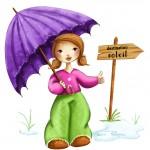 illustration fillette qui fait du stop avec un parapluie dans les mains