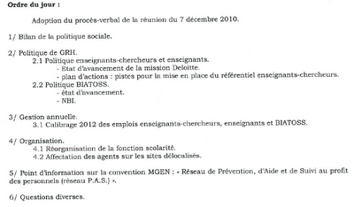 Réunion du Comité Technique Paritaire le mardi 05/07/2011 à 15 heures