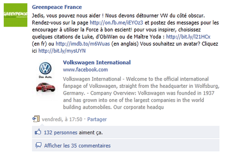 Greenpeace appelle les internautes à se rendre sur la page de VW