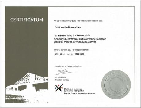 CCMM_Certificat_720x556 Guy Boulianne et Francine Minville, des Éditions Dédicaces, ont assisté à une rencontre de la Chambre de commerce du Montréal métropolitain