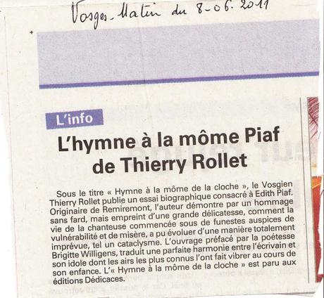 L’auteur Thierry Rollet obtient un article de presse dans le journal Vosges-Matin, en France