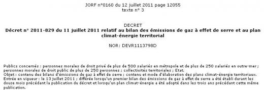Grenelle II - évaluation des émissions de gaz à effet de serre - décret 2011-829