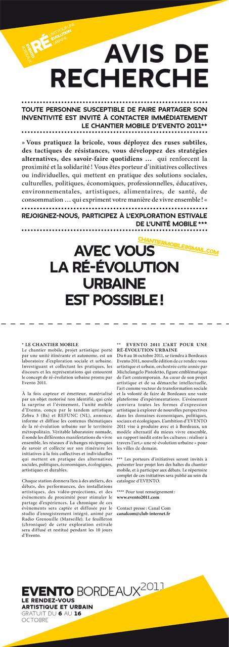 Evento 2011 Chantier mobile - avis de recherche