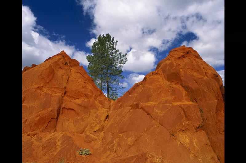 <b></div>Rustrel, le Vaucluse version western</b><p> Des roches torturées par le vent, des tons ocre, des arbres qui poussent sur du caillou : ce décor de western, qui rappelle le paysage du Bryce Canyon, en Utah, se situe à Rustrel, dans le Vaucluse. Pour une fois, la nature n’est pas l’unique créatrice de cet étonnant paysage. Le sous-sol de Rustrel a été exploité dès la fin du XIXe siècle pour son ocre. L’érosion a terminé le travail en sculptant les carrières abandonnées, leur donnant cette apparence fantastique.