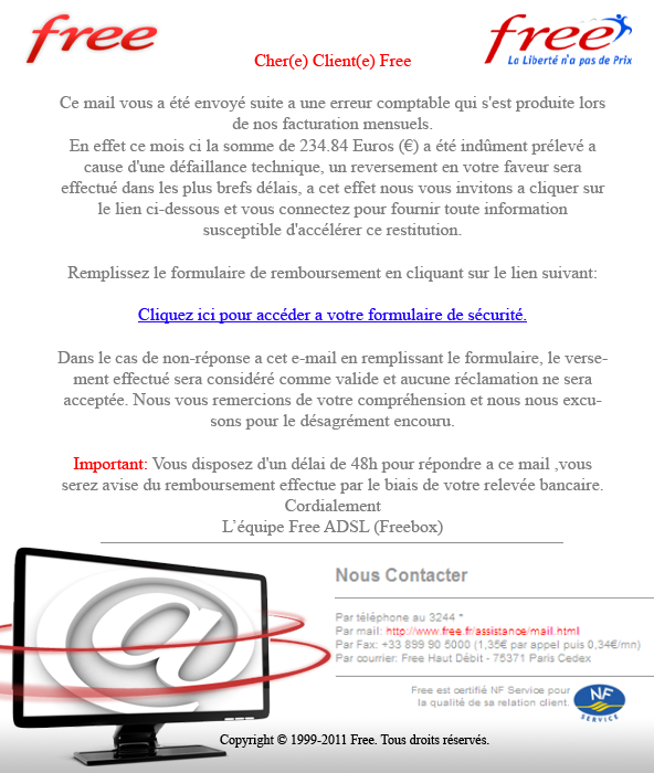 Phishing sur Free (avis de remboursement)