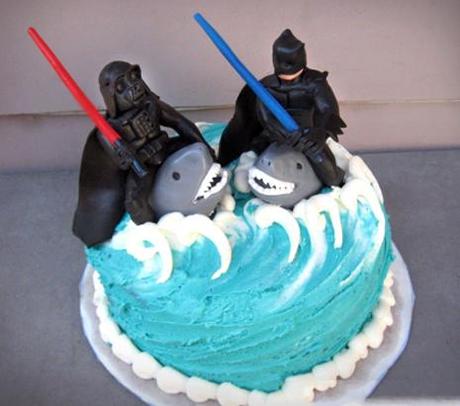 Batman fighting Darth Vader on sharks?!? This takes the cake (ouch, bad pun). Source