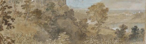 Charles-Joseph Natoire, Nemi : l’église Saint-François et le lac, encre et aquarelle sur papier, 31 x 43,6 cm (MONTPELLIER, MUSÉE ATGER).