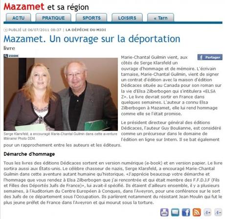 L’écrivaine Marie-Chantal Guilmin obtient un article de presse dans La Dépêche, en France