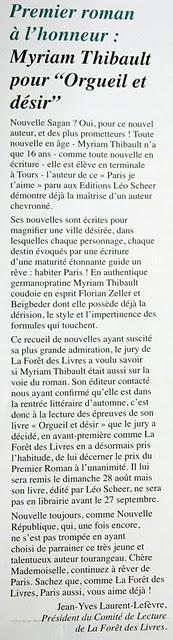 Myriam Thibault, Prix du Premier Roman - Les Lauriers Verts de La Forêt des Livres