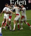 Joie des Anglais après un essai lors d’un match contre la France, le 23 février 2008 au Stade de France