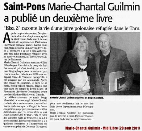L’auteur Marie-Chantal Guilmin obtient un article de presse dans le quotidien Midi Libre (28 août 2011)