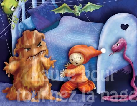 illustrations d'un garçon qui a peur des monstres sous le lit