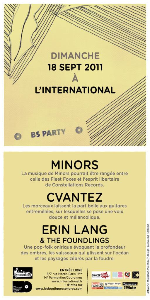 BS PARTY, le 18 septembre @ L’International w/ MINORS + CVANTEZ + ERIN LANG & THE FOUNDLINGS