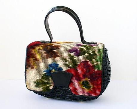 Koret vintage wicker purse with embroidered details, handbag