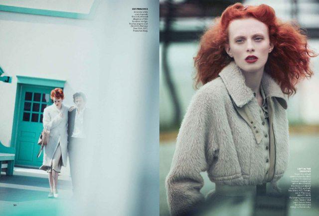 Pages de mode: Karen Elson réchauffe l’hiver pour le Vogue Us, Octobre 2011