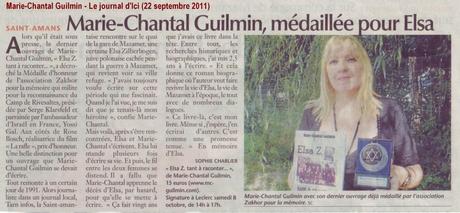 L’écrivaine Marie-Chantal Guilmin obtient un article de presse dans Le journal d’Ici, en France (22 septembre 2011)