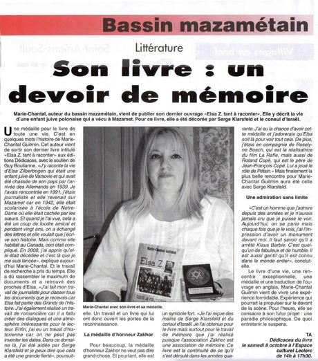 L’auteure Marie-Chantal Guilmin obtient un article de presse dans le journal « La Montagne Noire », en France