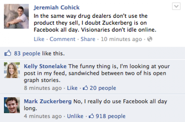 zuckerberg lol 600x397 Mark Zuckerberg passerait il ses journées sur Facebook ?