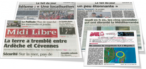 Exemple de coupures de presse se faisant écho des séismes survenus ces derniers mois en France