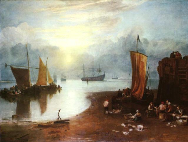 Turner William, Lever de soleil dans la brume- Pêcheurs nettoyant et vendant le poisson Sun Rising through vapour, 1807, hst, 134 x 179,5 cm, Londres, National Gallery