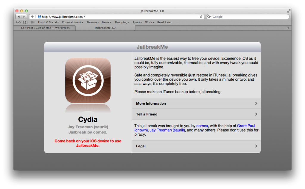 [Edit] JailbreakMe pour iPad ou iPhone, fonctionne à nouveau...
