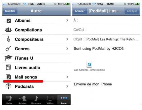 PodMail sur iPhone, envoyé une chanson par mail...