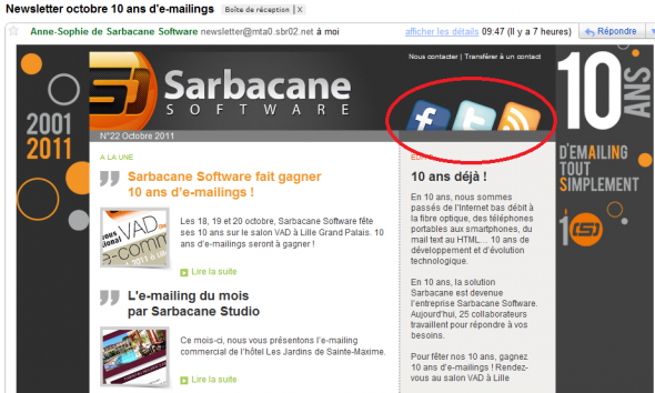 E-mailing de Sarbacane avec la mise en avant des espaces sociaux