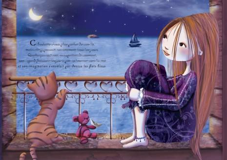 petite princesse avec son chat et son doudou qui regarde la mer