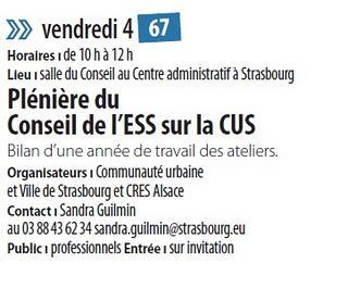 Le Mois de l'ESS en Alsace : La Plénière du Conseil de l'ESS sur la CUS, au programme du  vendredi 4 novembre