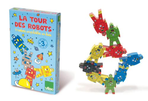 Un jeu d’équilibre en bois original : La tour des robots par Vilac