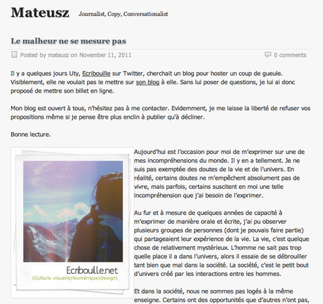 “Le malheur ne se mesure pas” chez Mateusz.be