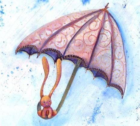 illustration de lapin rose sous un parapluie