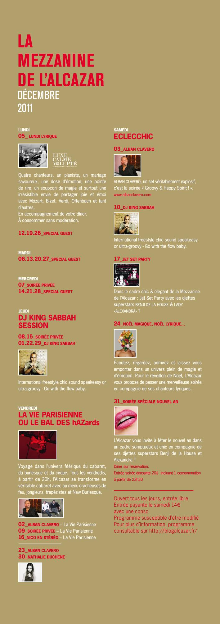 Programmation de la Mezzanine de l’Alcazar – Décembre 2011