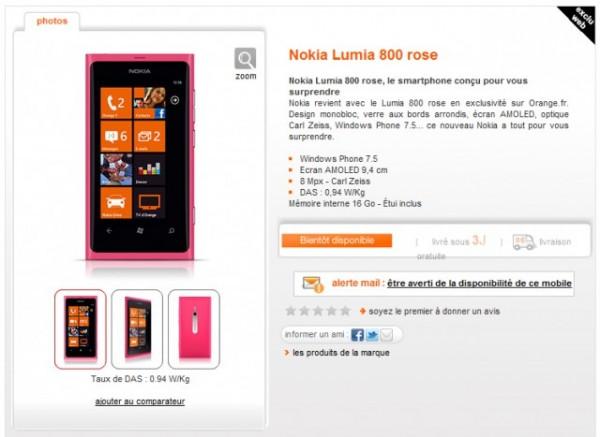 lumia 800 orange 600x437 Le Nokia Lumia 800 rose bientôt disponible chez Orange