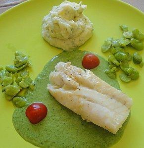 CABILLAUD FEVES PUREE AUX HERBES ET SON JUS D'HERBES PERSIL