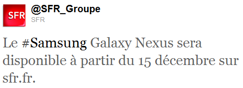 SFR confirme le Galaxy Nexus pour le 15/12