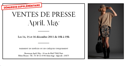 Vente Presse April, May
Au showroom 10 rue du Mail 75002
Métro...