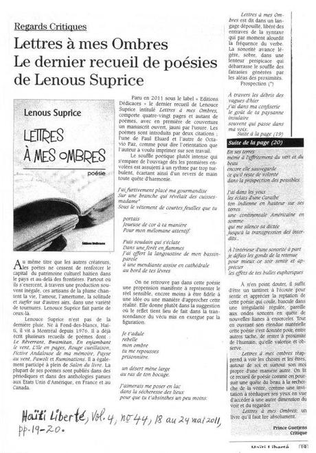Mai 2011 : Le poète Lenous Suprice obtient une critique littéraire dans la revue “Haïti Liberté”