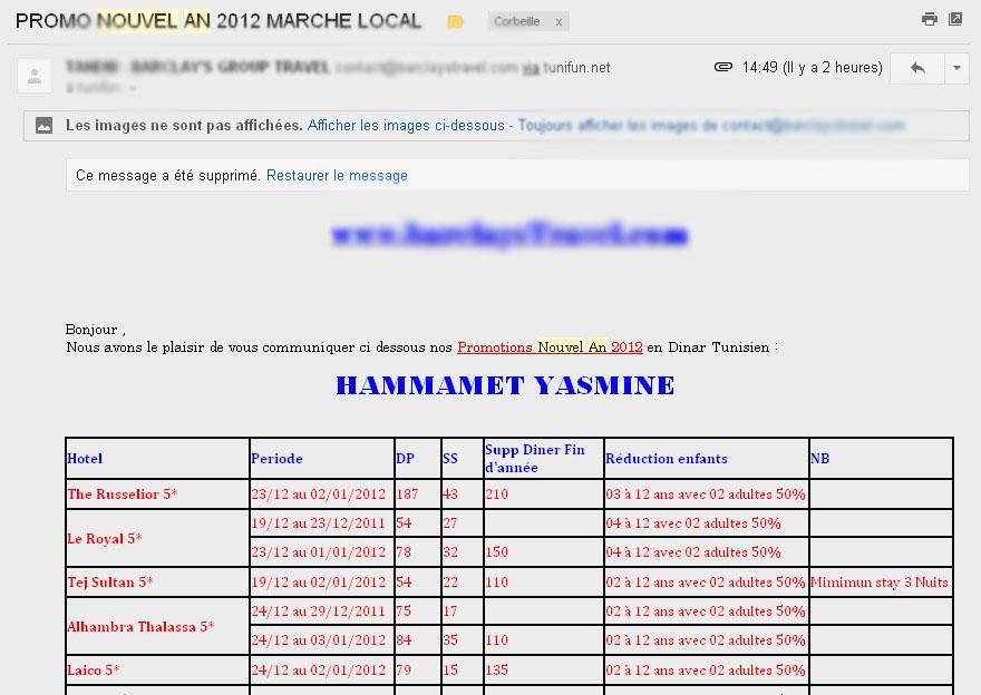 Exemple d'un mauvais mail spam pour le réveillon en Tunisie