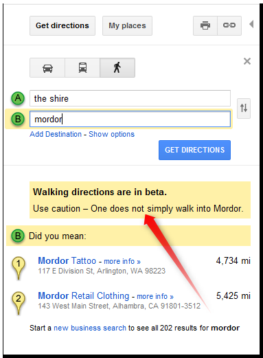 Google Maps fait de l’humour : One Does Not Simply Walk Into Mordor