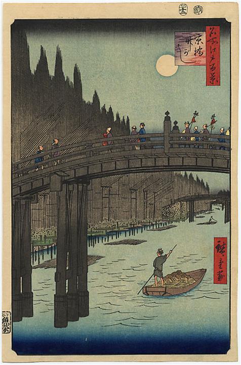 Le pont Kyo et la berge de bambous de la rivière Sumida Hiroshige