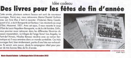 23 décembre 2011 : Le livre de Marie-Chantal Guilmin en idée cadeau dans le quotidien français “La Montagne Noire”